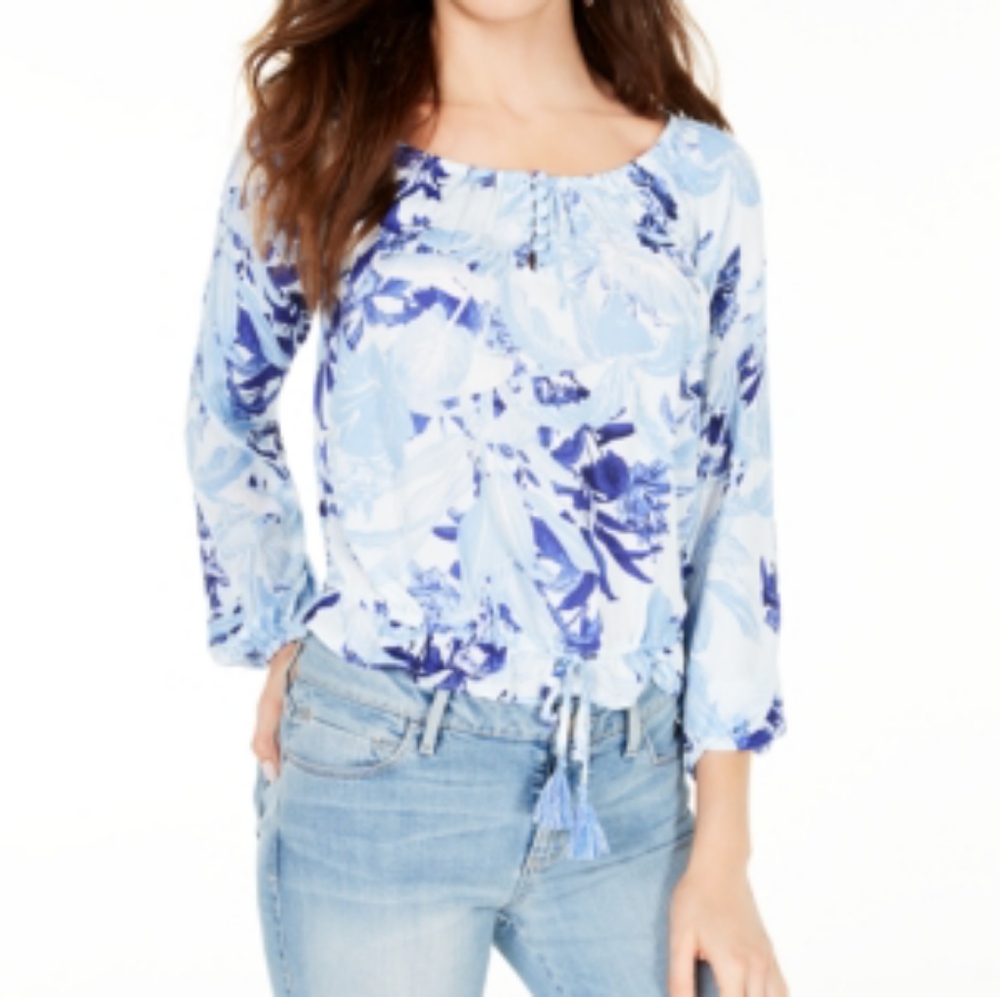 Guess Tuscan Blooms Avah Tassel Tie Long Sleeve Blouse Size XL NWT